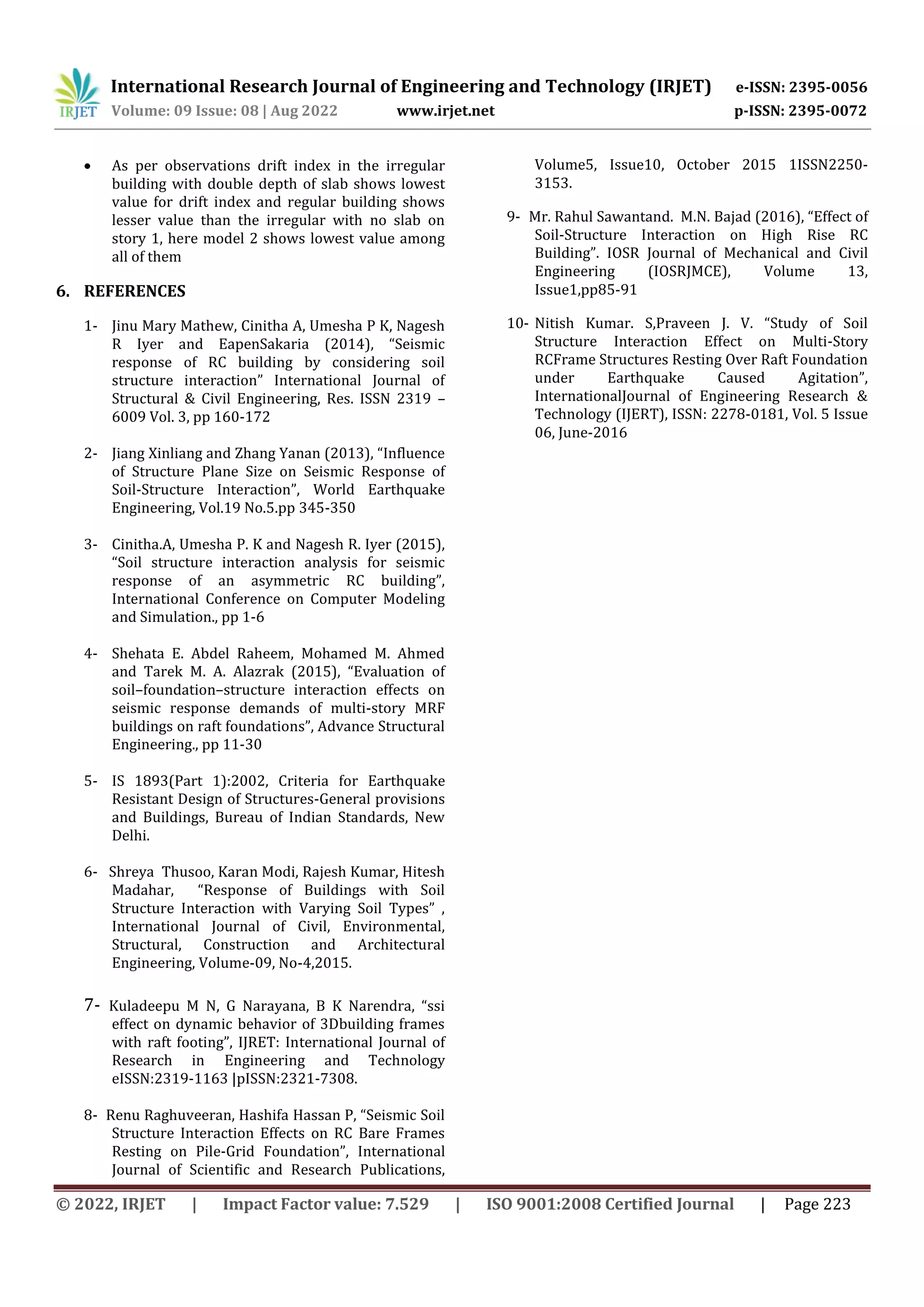 International Research Journal of Engineering and Technology (IRJET) e-ISSN: 2395-0056
Volume: 09 Issue: 08 | Aug 2022 www.irjet.net p-ISSN: 2395-0072
© 2022, IRJET | Impact Factor value: 7.529 | ISO 9001:2008 Certified Journal | Page 223
 As per observations drift index in the irregular
building with double depth of slab shows lowest
value for drift index and regular building shows
lesser value than the irregular with no slab on
story 1, here model 2 shows lowest value among
all of them
6. REFERENCES
1- Jinu Mary Mathew, Cinitha A, Umesha P K, Nagesh
R Iyer and EapenSakaria (2014), “Seismic
response of RC building by considering soil
structure interaction” International Journal of
Structural & Civil Engineering, Res. ISSN 2319 –
6009 Vol. 3, pp 160-172
2- Jiang Xinliang and Zhang Yanan (2013), “Influence
of Structure Plane Size on Seismic Response of
Soil-Structure Interaction”, World Earthquake
Engineering, Vol.19 No.5.pp 345-350
3- Cinitha.A, Umesha P. K and Nagesh R. Iyer (2015),
“Soil structure interaction analysis for seismic
response of an asymmetric RC building”,
International Conference on Computer Modeling
and Simulation., pp 1-6
4- Shehata E. Abdel Raheem, Mohamed M. Ahmed
and Tarek M. A. Alazrak (2015), “Evaluation of
soil–foundation–structure interaction effects on
seismic response demands of multi-story MRF
buildings on raft foundations”, Advance Structural
Engineering., pp 11-30
5- IS 1893(Part 1):2002, Criteria for Earthquake
Resistant Design of Structures-General provisions
and Buildings, Bureau of Indian Standards, New
Delhi.
6- Shreya Thusoo, Karan Modi, Rajesh Kumar, Hitesh
Madahar, “Response of Buildings with Soil
Structure Interaction with Varying Soil Types” ,
International Journal of Civil, Environmental,
Structural, Construction and Architectural
Engineering, Volume-09, No-4,2015.
7- Kuladeepu M N, G Narayana, B K Narendra, “ssi
effect on dynamic behavior of 3Dbuilding frames
with raft footing”, IJRET: International Journal of
Research in Engineering and Technology
eISSN:2319-1163 |pISSN:2321-7308.
8- Renu Raghuveeran, Hashifa Hassan P, “Seismic Soil
Structure Interaction Effects on RC Bare Frames
Resting on Pile-Grid Foundation”, International
Journal of Scientific and Research Publications,
Volume5, Issue10, October 2015 1ISSN2250-
3153.
9- Mr. Rahul Sawantand. M.N. Bajad (2016), “Effect of
Soil-Structure Interaction on High Rise RC
Building”. IOSR Journal of Mechanical and Civil
Engineering (IOSRJMCE), Volume 13,
Issue1,pp85-91
10- Nitish Kumar. S,Praveen J. V. “Study of Soil
Structure Interaction Effect on Multi-Story
RCFrame Structures Resting Over Raft Foundation
under Earthquake Caused Agitation”,
InternationalJournal of Engineering Research &
Technology (IJERT), ISSN: 2278-0181, Vol. 5 Issue
06, June-2016
 