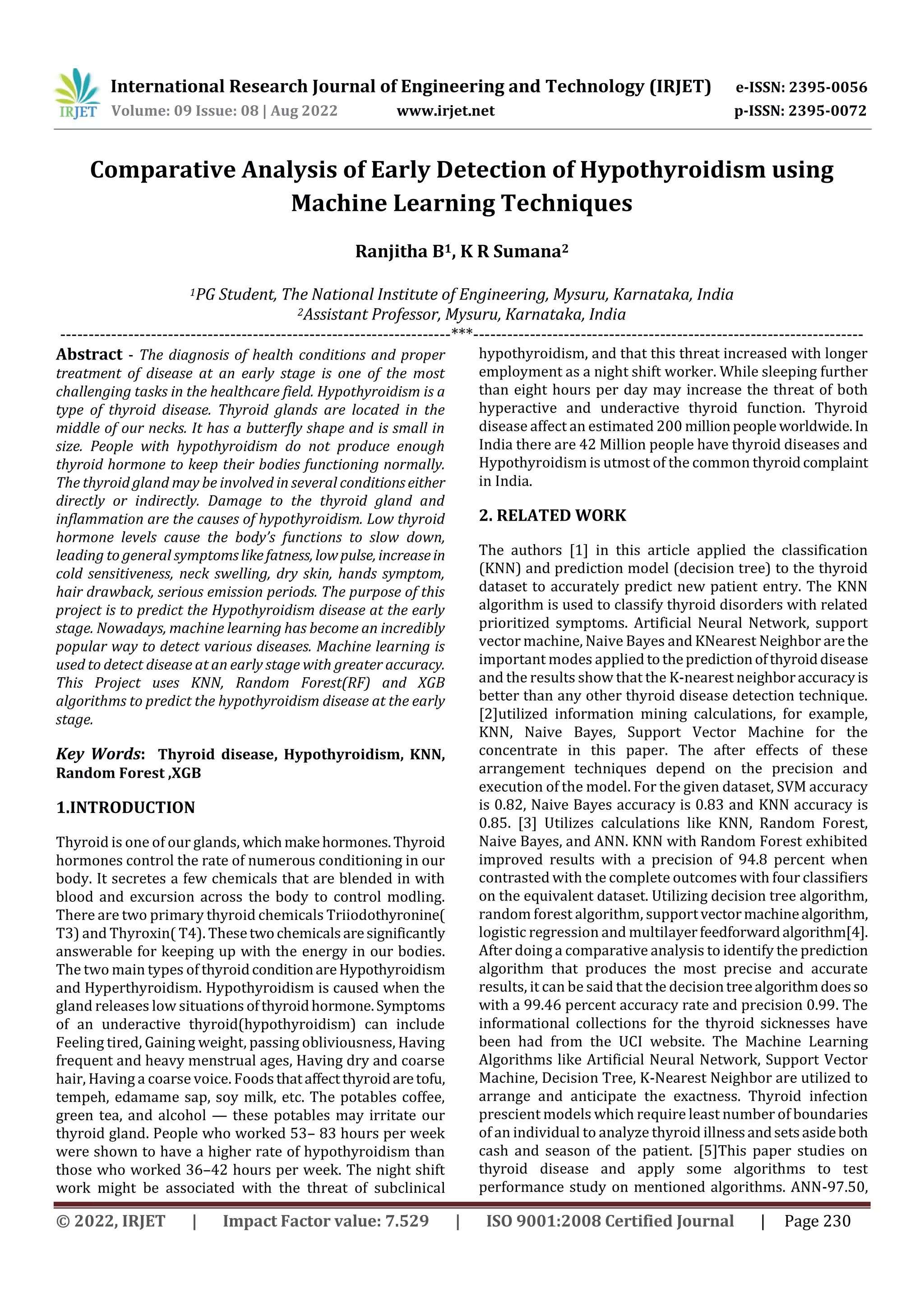 Comparative Analysis of Early Detection of Hypothyroidism using Machine ...