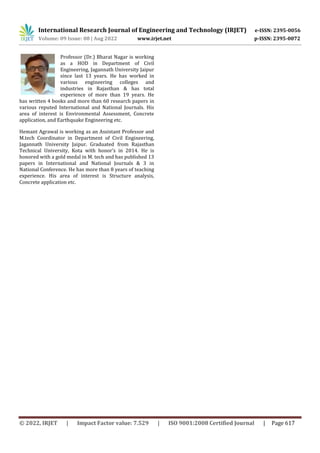 International Research Journal of Engineering and Technology (IRJET) e-ISSN: 2395-0056
Volume: 09 Issue: 08 | Aug 2022 www.irjet.net p-ISSN: 2395-0072
© 2022, IRJET | Impact Factor value: 7.529 | ISO 9001:2008 Certified Journal | Page 617
Professor (Dr.) Bharat Nagar is working
as a HOD in Department of Civil
Engineering, Jagannath University Jaipur
since last 13 years. He has worked in
various engineering colleges and
industries in Rajasthan & has total
experience of more than 19 years. He
has written 4 books and more than 60 research papers in
various reputed International and National Journals. His
area of interest is Environmental Assessment, Concrete
application, and Earthquake Engineering etc.
Hemant Agrawal is working as an Assistant Professor and
M.tech Coordinator in Department of Civil Engineering,
Jagannath University Jaipur. Graduated from Rajasthan
Technical University, Kota with honor’s in 2014. He is
honored with a gold medal in M. tech and has published 13
papers in International and National Journals & 3 in
National Conference. He has more than 8 years of teaching
experience. His area of interest is Structure analysis,
Concrete application etc.
 
