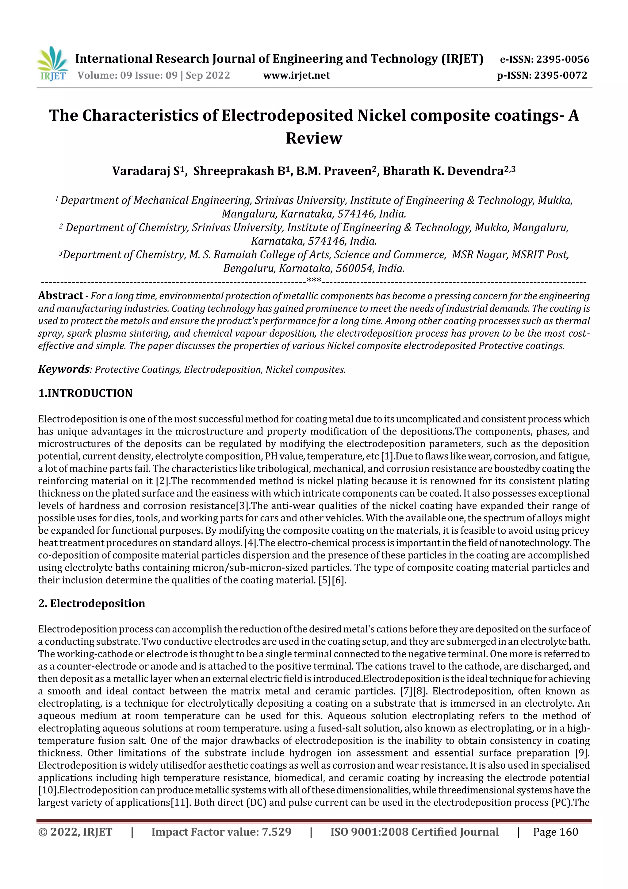 The Characteristics of Electrodeposited Nickel composite coatings- A ...