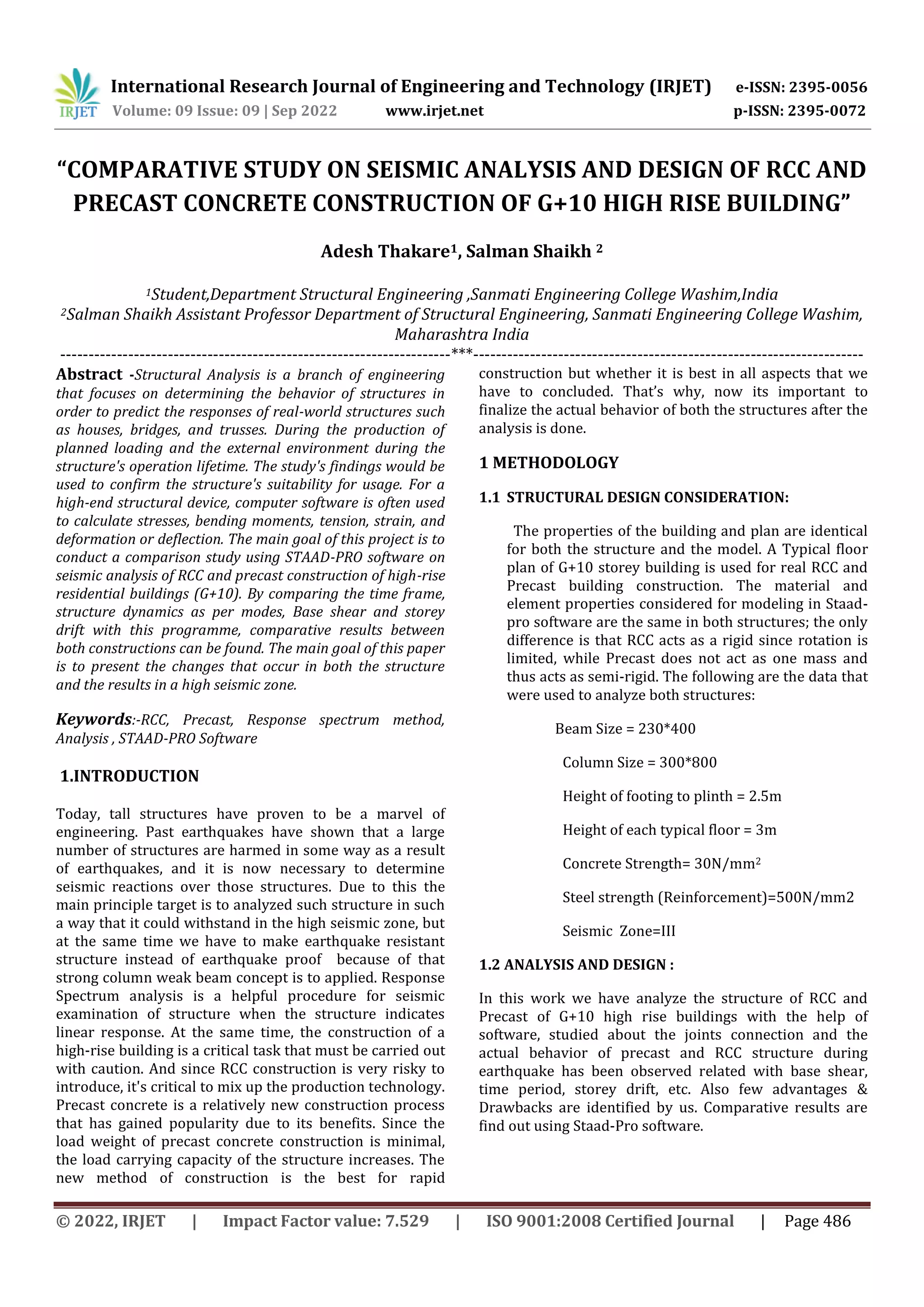 “COMPARATIVE STUDY ON SEISMIC ANALYSIS AND DESIGN OF RCC AND PRECAST ...