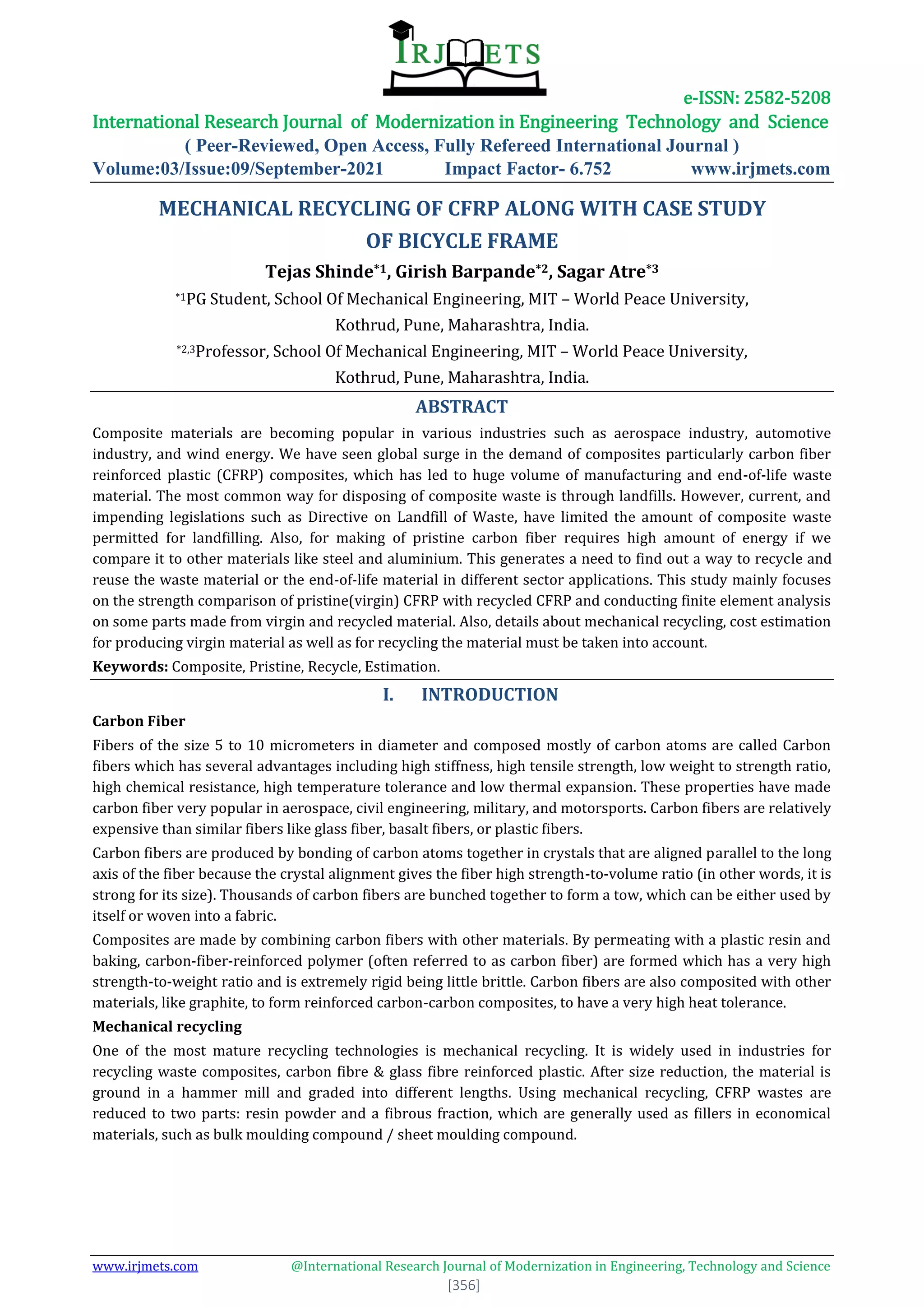 MECHANICAL RECYCLING OF CFRP ALONG WITH CASE STUDY OF BICYCLE FRAME | PDF