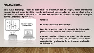 PIZARRA DIGITAL
Esta nueva tecnología ofrece la posibilidad de interactuar con la imagen, hacer anotaciones
manuscritas, así como también, guardarlas, imprimirlas, enviarlas por correo electrónico y
exportarlas en diversos formatos. Lo cual marca la diferencia en relación con una pantalla digital
normal (ordenador + proyector).
Ventajas:
Es relativamente fácil de manejar.
Permite proyectar sobre la pantalla la información
procedente de cámaras conectados al ordenador.
Alumnos pueden utilizarla en todo tipo de tareas:
exposiciones, realización de ejercicios interactivos,
presentación y evaluación de sus trabajos, celebración
de debates, etc."
 