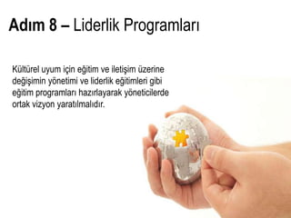 Adım 8 – Liderlik Programları

Kültürel uyum için eğitim ve iletişim üzerine
değişimin yönetimi ve liderlik eğitimleri gibi
eğitim programları hazırlayarak yöneticilerde
ortak vizyon yaratılmalıdır.
 
