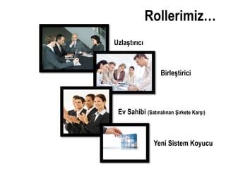 Rollerimiz…
Uzlaştırıcı



                   Birleştirici




 Ev Sahibi (Satınalınan Şirkete Karşı)



                Yeni Sistem Koyucu
 