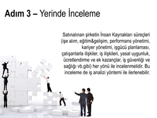 Adım 3 – Yerinde İnceleme

               Satınalınan şirketin İnsan Kaynakları süreçleri
              (işe alım, eğitim&gelişim, performans yönetimi,
                          kariyer yönetimi, işgücü planlaması,
              çalışanlarla ilişkiler, iş ilişkileri, yasal uygunluk,
                ücretlendirme ve ek kazançlar, iş güvenliği ve
                sağlığı vb.gibi) her yönü ile incelenmelidir. Bu
                 inceleme de iş analizi yöntemi ile ilerlenebilir.
 
