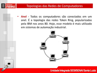 Topologias das Redes de Computadores

• Anel - Todos os computadores são conectados em um
  anel. É a topologia das redes Token Ring, popularizadas
  pela IBM nos anos 80. Hoje, esse modelo é mais utilizado
  em sistemas de automação industrial.
 