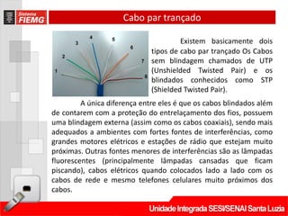 Cabo par trançado

                                       Existem basicamente dois
                              tipos de cabo par trançado Os Cabos
                              sem blindagem chamados de UTP
                              (Unshielded Twisted Pair) e os
                              blindados conhecidos como STP
                              (Shielded Twisted Pair).
         A única diferença entre eles é que os cabos blindados além
de contarem com a proteção do entrelaçamento dos fios, possuem
uma blindagem externa (assim como os cabos coaxiais), sendo mais
adequados a ambientes com fortes fontes de interferências, como
grandes motores elétricos e estações de rádio que estejam muito
próximas. Outras fontes menores de interferências são as lâmpadas
fluorescentes (principalmente lâmpadas cansadas que ficam
piscando), cabos elétricos quando colocados lado a lado com os
cabos de rede e mesmo telefones celulares muito próximos dos
cabos.
 