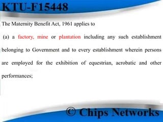 The Maternity Benefit Act, 1961 applies to
(a) a factory, mine or plantation including any such establishment
belonging to Government and to every establishment wherein persons
are employed for the exhibition of equestrian, acrobatic and other
performances;
 