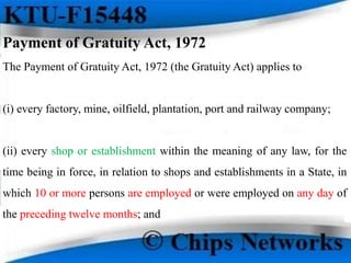 Payment of Gratuity Act, 1972
The Payment of Gratuity Act, 1972 (the Gratuity Act) applies to
(i) every factory, mine, oilfield, plantation, port and railway company;
(ii) every shop or establishment within the meaning of any law, for the
time being in force, in relation to shops and establishments in a State, in
which 10 or more persons are employed or were employed on any day of
the preceding twelve months; and
 