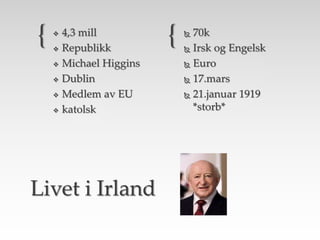 { { 4,3 mill
 Republikk
 Michael Higgins
 Dublin
 Medlem av EU
 katolsk
 70k
 Irsk og Engelsk
 Euro
 17.mars
 21.januar 1919
*storb*
Livet i Irland
 