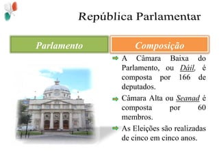 República ParlamentarParlamentoComposição	A Câmara Baixa do Parlamento, ou Dáil, é composta por 166 de deputados.	Câmara Alta ou Seanad é composta por 60 membros.	As Eleições são realizadas de cinco em cinco anos.