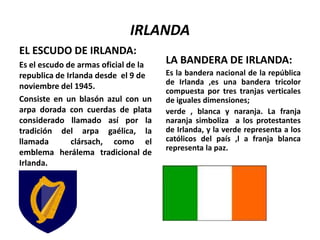 IRLANDA
EL ESCUDO DE IRLANDA:
Es el escudo de armas oficial de la
republica de Irlanda desde el 9 de
noviembre del 1945.
Consiste en un blasón azul con un
arpa dorada con cuerdas de plata
considerado llamado así por la
tradición del arpa gaélica, la
llamada
clársach, como el
emblema herálema tradicional de
Irlanda.

LA BANDERA DE IRLANDA:
Es la bandera nacional de la república
de Irlanda ,es una bandera tricolor
compuesta por tres tranjas verticales
de iguales dimensiones;
verde , blanca y naranja. La franja
naranja simboliza a los protestantes
de Irlanda, y la verde representa a los
católicos del país ,l a franja blanca
representa la paz.

 