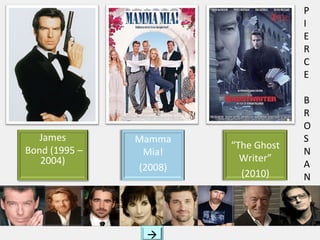 P
I
E
R
C
E

James
Bond (1995 –
2004)

Mamma
Mia!
(2008)



“The Ghost
Writer”
(2010)

B
R
O
S
N
A
N

 