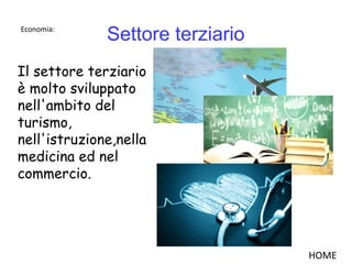 Settore terziario
Il settore terziario
è molto sviluppato
nell'ambito del
turismo,
nell'istruzione,nella
medicina ed nel
commercio.
HOME
Economia:
 