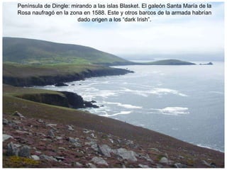 Península de Dingle: mirando a las islas Blasket. El galeón Santa María de la Rosa naufragó en la zona en 1588. Este y otros barcos de la armada habrían dado origen a los “dark Irish”. 
