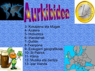 3- Kokapena eta Mugak
4- Azalera
5- Hizkuntza
6- Irlandarrak
7- Dublin
8-Txanpona
9- Ezaugarri geografikoak
10- St Patrick
11- Klima
12- Musika eta dantza
13- ipar Irlanda
 