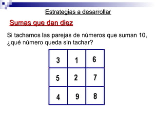 Si tachamos las parejas de números que suman 10,
¿qué número queda sin tachar?
Estrategias a desarrollarEstrategias a desarrollar
Sumas que dan diezSumas que dan diez
 