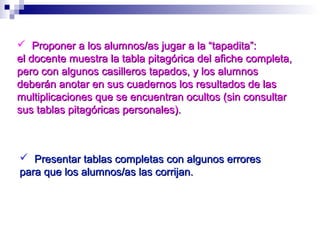  Proponer a los alumnos/as jugar a la “tapadita”:Proponer a los alumnos/as jugar a la “tapadita”:
el docente muestra la tabla pitagórica del afiche completa,el docente muestra la tabla pitagórica del afiche completa,
pero con algunos casilleros tapados, y los alumnospero con algunos casilleros tapados, y los alumnos
deberán anotar en sus cuadernos los resultados de lasdeberán anotar en sus cuadernos los resultados de las
multiplicaciones que se encuentran ocultos (sin consultarmultiplicaciones que se encuentran ocultos (sin consultar
sus tablas pitagóricas personales).sus tablas pitagóricas personales).
 Presentar tablas completas con algunos erroresPresentar tablas completas con algunos errores
para que los alumnos/as las corrijan.para que los alumnos/as las corrijan.
 