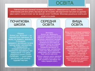 ОСВІТА
ПОЧАТКОВА
ШКОЛА
Primary
School, ірл. Bunscoil — це
перший етап навчання, на
якому, як правило, вивчають
3 основних
предмети: англійська та ірла
ндська мови і математику.
По завершенню
складається іспит на
отримання сертифікату про
завершення 1-го циклу
середньої школи (Junior
Certificate), — цього рівня
достатньо для початку
трудової кар’єри.
СЕРЕДНЯ
ОСВІТА
Secondary
School, ірл. Meánscoil є
наступним після першого етапу
навчання і необхідна для вступу
до вищих навчальних закладів.
Протягом молодшого циклу
проводиться підготовка до
складання іспиту на старший
рівень, крім обов’язкових
предметів (англійська та
ірландська мови, математика),
учень має обрати декілька
додаткових, які в подальшому
буде вивчати два роки.
В кінці старшого циклу навчання
учень складає іспити для того,
щоб отримати Сертифікат про
повну середню освіту
ВИЩА
ОСВІТА
Вищу освіту в Ірландії називають
«освітою третього рівня» (Third
Level education). По закінченню
ВНЗ випускникам
надається вчений
ступінь бакалавра (Bachelor
Degree), магістра. Існує також так
званий "вищий сертифікат"
(англ. The Higher
Certificate, ірл. Ardteastas), що
відповідає рівню 6 національної
кваліфікаційної рамки (див.
таблицю). Такий "вищий
сертифікат", наприклад, є
характерним для всіх
технологічних інститутів країни -
достатньо успішно завершити
перших два роки більшості
освітніх програм.
Навчальний рік в Ірландії починається у вересні і завершується у травні. Освіта
обов’язкова для всіх дітей у віці від 6 до 16-ти років, або відучитися три роки на другому
рівні освіти і скласти іспит на так званий Junior Certificate. Можлива дошкільна освіта для
дітей з 4-х років.
 