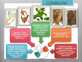 Кладдахское кільце -
символ відданості і
любові. Три складові
частини (крім обідка):
серце - любов, руки -
довіру, корона -
відданість
Брошка з Тари -
найцінніше прикраса,
знайдене в селі
Беттістаун.
Чарівний чоловічок
- лепрекон. Вони
хитрі і музичні,
багаті і зарозумілі,
зберігають
таємниці.
Кельтська арфа - її
зображення на
ісландському гербі.
Келлська книга -
шедевр із шедеврів. Це
рукописна книга
християнських творів,
шедевр духовної
ілюстрації.
СИМВОЛИ
 