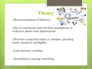 Theory
Recurrent pattern of behavior
Set of conclusions derived from assumptions or
evidences about some phenomenon
Provides a map that makes a complex, puzzling
world around is intelligible
Link between variables
Something is causing something
 