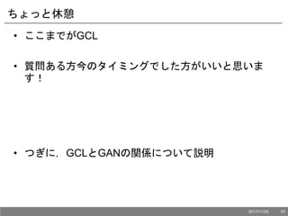 ちょっと休憩
• ここまでがGCL
• 質問ある方今のタイミングでした方がいいと思いま
す！
• つぎに，GCLとGANの関係について説明
2017/11/28 25
 