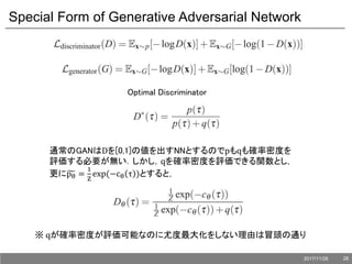 Special Form of Generative Adversarial Network
Optimal Discriminator
通常のGANはDを[0,1]の値を出すNNとするのでpもqも確率密度を
評価する必要が無い．しかし，qを確率密度を評価できる関数とし，
更にpθ =
1
Z
exp(−cθ τ )とすると，
※ qが確率密度が評価可能なのに尤度最大化をしない理由は冒頭の通り
2017/11/28 28
 