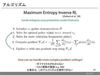 アルゴリズム
・ダイナミクスがわからない
・コスト関数が複雑（e.g. NN)
な場合は，このアルゴリズムを適用できない [0]
2017/11/28 8
 