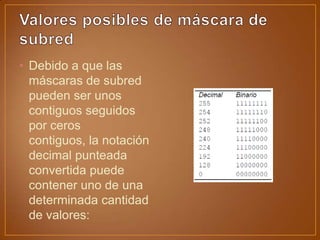 • Debido a que las
máscaras de subred
pueden ser unos
contiguos seguidos
por ceros
contiguos, la notación
decimal punteada
convertida puede
contener uno de una
determinada cantidad
de valores:
 