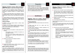 Preparation
Identification
ContainmentPreparation
Objective: Establish contacts, define procedures,
gather information to save time during an attack.
 Create a list of all legitimate domains belonging to your
company. This will help analysing the situation, and prevent you
from starting a takedown procedure on a forgotten legitimate
website.
 Prepare one web page hosted on your infrastructure, ready to
be published anytime, to warn your customers about an ongoing
phishing attack. Prepare and test a clear deployment procedure as
well.
 Prepare takedown e-mail forms. You will use them for every
phishing case, if possible in several languages. This will speed up
things when trying to reach the hosting company etc. during the
takedown process.
Internal contacts
 Maintain a list of all people involved in domain names
registration in the company.
 Maintain a list of all people accredited to take decisions on
cybercrime and eventual actions regarding phishing. If possible,
have a contract mentioning you can take decisions.
External contacts
 Have several ways to be reached in a timely manner (24/7 if
possible):
- E-Mail address, easy to remember for everyone (ex:
security@yourcompany)
- Web forms on your company’s website (location of the
form is important, no more than 2 clicks away from the
main page)
- Visible Twitter account
 Establish and maintain a list of takedown contacts in:
- Hosting companies
- Registry companies
- E-Mail providers
 Establish and maintain contacts in CERTs worldwide, they will
probably always be able to help if needed.
Raise customer awareness
Don’t wait for phishing incidents to communicate with your
customers. Raise awareness about phishing fraud, explain what
phishing is and make sure your customers know you won’t ever
ask them for credentials/banking information by e-mail or on the
phone.
Objective: Detect the incident, determine its
scope, and involve the appropriate parties.
Phishing Detection
 Monitor all your points of contact closely (e-mail, web forms,
etc.)
 Deploy spam traps and try to gather spam from
partners/third-parties.
 Deploy active monitoring of phishing repositories, like
AA419 or PhishTank for example.
 Monitor any specialised mailing-list you can have access to,
or any RSS/Twitter feed, which could be reporting phishing
cases.
Use automated monitoring systems on all of these sources, so
that every detection triggers an alarm for instant reaction.
 Monitor your web logs. Check there is no suspicious referrer
bringing people to your website. This is often the case when the
phishing websites brings the user to the legitimate website after
he’s been cheated.
Involve appropriate parties
As soon as a phishing website is detected, contact the people in
your company who are accredited to take a decision, if not you.
The decision to act on the fraudulent website/e-mail address
must be taken as soon as possible, within minutes.
Collect evidence
Make a time-stamped copy of the phishing web pages. Use an
efficient tool to do that, like HTTrack for example. Don’t forget to
take every page of the phishing scheme, not just the first one if
there are several. If needed, take screenshots of the pages.
Objective: Mitigate the attack’s effects on the
targeted environment.
 Spread the URL of the attack in case of a phishing website.
Use every way you have to spread the fraudulent URL on
every web browser: use the options of Internet Explorer,
Chrome, Safari, Firefox, Netcraft toolbar, Phishing-Initiative,
etc.
This will prevent the users from accessing the website while
you work on the remediation phase.
 Spread the fraudulent e-mail content on spam-reporting
websites/partners.
 Communicate with your customers.
Deploy the alert/warning page with information about the current
phishing attack.
In case you are impacted several times a week, don’t always
deploy an alert/warning message but rather a very informative
phishing page to raise awareness.
 Check the source-code of the phishing website.
- See where the data is exported: either to another web
content you cannot access (a PHP script usually), or
sent by e-mail to the fraudster.
- Watch how the phishing-page is built. Do the graphics
come from one of your legitimate website, or are they
stored locally?
If possible, in case the graphics are taken from one of
your own websites, you could change the graphics to
display a “PHISHING WEBSITE” logo on the
fraudster’s page.
11
22
33
Raise business line awareness
People in business lines must be aware of phishing problems
and consider security as a priority. Therefore, they should apply
good practices such as avoid sending links (URL) to customers,
and use a signature stating that the company will never ask
them for credential/banking information online.
11
 