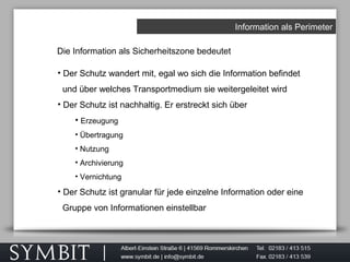 Information als Perimeter
Die Information als Sicherheitszone bedeutet
• Der Schutz wandert mit, egal wo sich die Information befindet
und über welches Transportmedium sie weitergeleitet wird
• Der Schutz ist nachhaltig. Er erstreckt sich über
• Erzeugung
• Übertragung
• Nutzung
• Archivierung
• Vernichtung
• Der Schutz ist granular für jede einzelne Information oder eine
Gruppe von Informationen einstellbar
 