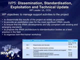 WP5:  Dissemination, Standardisation, Exploitation and Technical Update  WP Leader: UL, CCG WP objectives: to manage support activities to the project to disseminate the results of the project as widely as possible to provide an exploitation plan for the most significant IRMA results to  ensure that the IRMA developments are fully compliant with existing and emerging standards  to p ropose the IRMA architecture to standardisation bodies as a best practice in the field to  organise train-the-trainer workshop Deliverable N° Deliverable name  Deadline D5.1 Dissemination and Use plan T0+6, T0+18, T0+30  D5.2 Report on standardization activities  T0+12, T0+24 D5.3 Technical update needs of African partners and targeted countries  Technical material (general topics) Technical material (implementation oriented)  Technical sessions report T0+9 T0+15 T0+28 T0+35 
