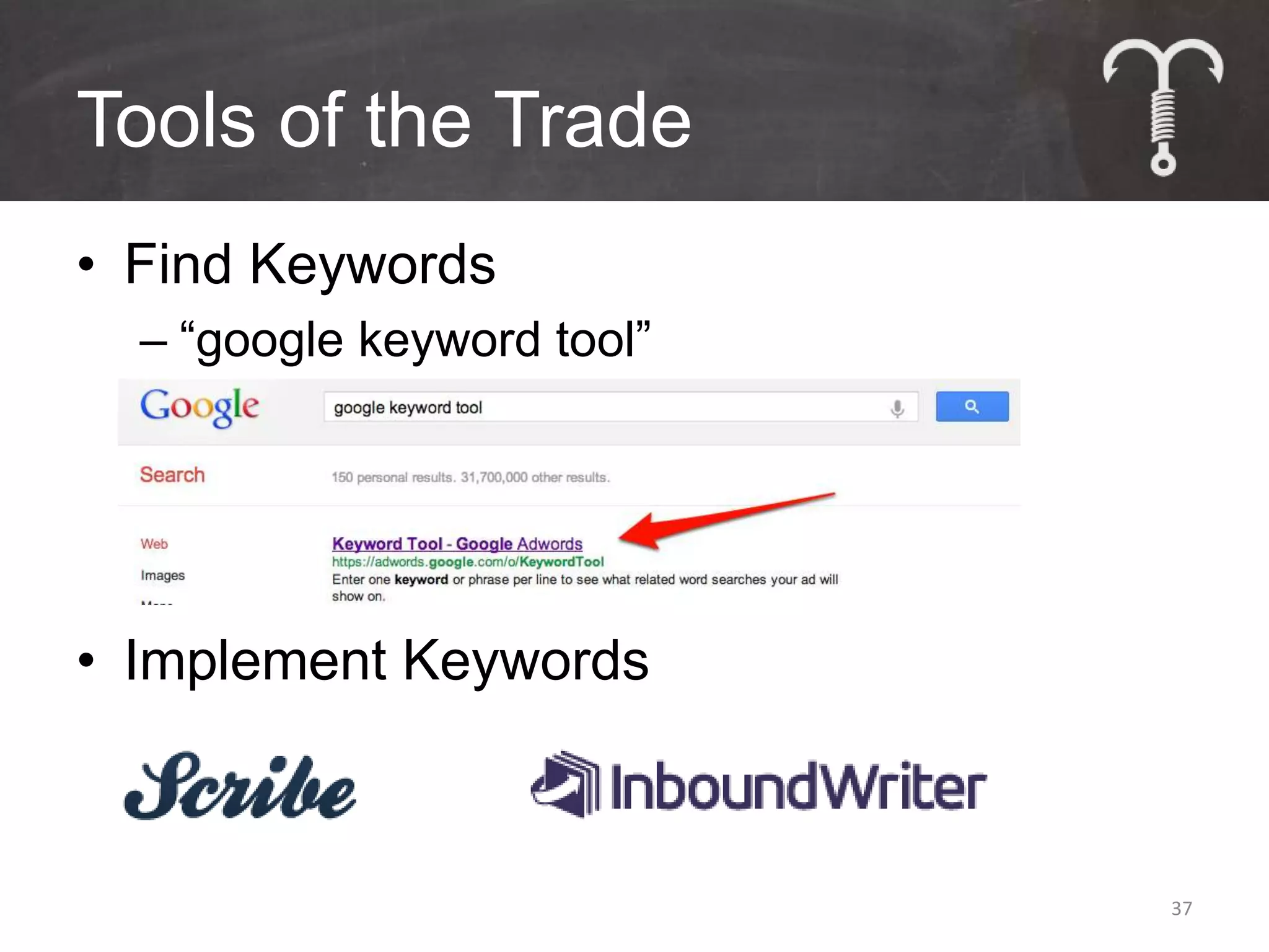 Tools of the Trade
• Find Keywords
  – “google keyword tool”




• Implement Keywords



                            37
 