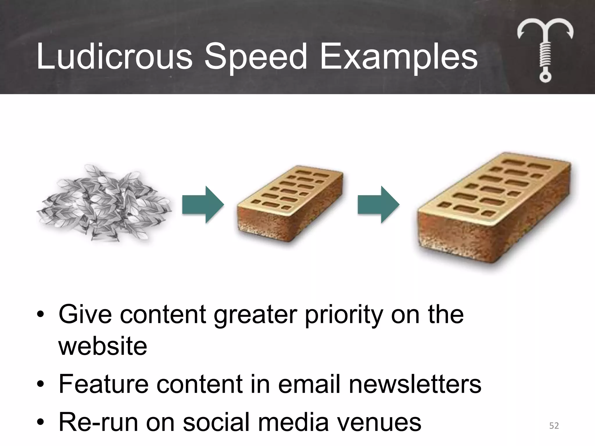 Ludicrous Speed Examples




• Give content greater priority on the
  website
• Feature content in email newsletters
• Re-run on social media venues          52
 