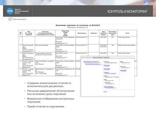 IRM businessDoc
КОНТРОЛЬ И МОНИТОРИНГ
9
• Создание аналитических отчетов по
исполнительской дисциплине;
• Рассылка уведомлений об исполнении
или истечении срока поручений;
• Визуальное отображение контрольных
поручений;
• Прием отчетов по поручениям.
 