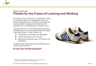 Worum geht es? Fitness for the Future of Learning and Working Es mutet an wie ein alter Hut, zu behaupten, dass ein professionelles und intelligentes Lern- und Wissensmanagement in Zukunft noch stärker als heute zentraler strategischer Erfolgsfaktor für Unternehmen und Organisationen werden wird.  Trotzdem haben nur vier Prozent aller deutschen Mittelständler ihr immaterielles Betriebsvermögen überhaupt erfasst* – dazu zählen z.B.: Fähigkeiten und Wissen der Mitarbeiter Interne Strukturen und Prozesse  Gewachsene Beziehungen zu Kunden und Zulieferern  Lediglich jeder Zwanzigste plant mittelfristig eine solche Dokumentation.*  Es gibt also Handlungsbedarf!   Juli 2008  ▪  Fitness-Check für Internal Relationship Management Chart  *  Umfrage der RMC Unternehmensberatung unter 101 mittelständische  Unternehmen in Deutschland, veröffentlicht 30.5.2008 