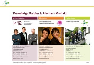 Knowledge Garden & Friends – Kontakt Juli 2008  ▪  Fitness-Check für Internal Relationship Management Chart  Kommunikation Motivation Technologie K12 Agentur für Kommunikation  und Innovation GmbH Charlottenstraße 43 40210 Düsseldorf Tel.: +49(0)211 598816 30 Fax. +49(0)211 598816 99 Email: kontakt@k-zwoelf.com www.k-zwoelf.com Institut für krea(k)tive Persönlichkeitsentwicklung Schroerskamp 78 41069 Mönchengladbach Tel.: +49(0)2161 3071242 Fax. +49(0)2161 3071241 Email: info@kreaktives.de www.kreaktives.de KNOWLEDGE-GARDEN GmbH Burg Hemmersbach Parkstr. 24-28 50169 Kerpen Tel.: +49(0)2273 5660 580 Fax. +49(0)2273 5660 589 Email: info@knowledgegarden.de www.knowledgegarden.de Institut für krea(k)tive Persönlichkeitsentwicklung KNOWLEDGE-GARDEN 