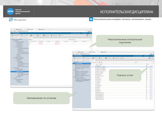 IRM classicDoc Пользовательский интерфейс. Контроль, напоминания, сводки
ИСПОЛНИТЕЛЬСКАЯ ДИСЦИПЛИНА
10
Неисполненные контрольные
поручения
Напоминания по отчетам
Скачать отчет
 
