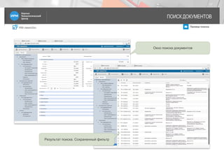 IRM classicDoc Пример поиска
ПОИСК ДОКУМЕНТОВ
17
Окно поиска документов
Результат поиска. Сохраненный фильтр
 
