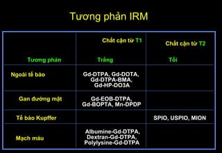 Tương phản
Ngoài tế bào
Gan đường mật
Tế bào Kupffer
Mạch máu
Chất cận từ T1
Chất cận từ T2
Trắng
Gd-DTPA, Gd-DOTA,
Gd-DTPA-BMA,
Gd-HP-DO3A
Gd-EOB-DTPA,
Gd-BOPTA, Mn-DPDP
Albumine-Gd-DTPA,
Dextran-Gd-DTPA,
Polylysine-Gd-DTPA
Tối
SPIO, USPIO, MION
Tương phản IRM
 