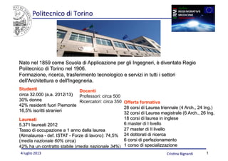 Politecnico	
  di	
  Torino	
  
Cris/na	
  Bignardi	
  4	
  luglio	
  2013	
   1
Politecnico	
  di	
  Torino	
  
Nato nel 1859 come Scuola di Applicazione per gli Ingegneri, è diventato Regio
Politecnico di Torino nel 1906.
Formazione, ricerca, trasferimento tecnologico e servizi in tutti i settori
dell'Architettura e dell'Ingegneria.
Studenti
circa 32.000 (a.a. 2012/13)
30% donne
42% residenti fuori Piemonte
16,5% iscritti stranieri
Cris/na	
  Bignardi	
  
Laureati
5.371 laureati 2012
Tasso di occupazione a 1 anno dalla laurea
(Almalaurea - def. ISTAT - Forze di lavoro): 74,5%
(media nazionale 60% circa)
42% ha un contratto stabile (media nazionale 34%)
4	
  luglio	
  2013	
  
Offerta formativa
28 corsi di Laurea triennale (4 Arch., 24 Ing.)
32 corsi di Laurea magistrale (6 Arch., 26 Ing.)
18 corsi di laurea in inglese
6 master di I livello
27 master di II livello
24 dottorati di ricerca
6 corsi di perfezionamento
1 corso di specializzazione
Docenti
Professori: circa 500
Ricercatori: circa 350
 
