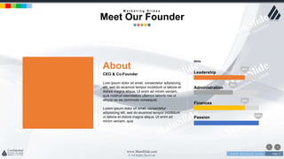 w w w . D o m a i n . c o m Page 13
www.MainSlide.com
© All Rights Reserved.
Confidential
About
Lore ipsum dolor sit amet, consectetur adipisicing
elit, sed do eiusmod tempor incididunt ut labore et
dolore magna aliqua. Ut enim ad minim veniam,
quis nostrud exercitation ullamco laboris nisi ut
aliquip ex ea commodo consequat.
Lorem ipsum dolor sit amet, consectetur
adipisicing elit, sed do eiusmod tempor incididunt
ut labore et dolore magna aliqua. Ut enim ad
minim veniam, quis
CEO & Co-Founder
Skills
Leadership
Administration
Finances
Passion
80%
59%
83%
100%
M a r k e t i n g S l i d e s
Meet Our Founder
 