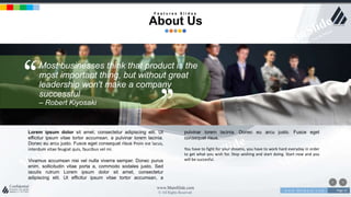 w w w . D o m a i n . c o m Page 21
www.MainSlide.com
© All Rights Reserved.
Confidential
Lorem ipsum dolor sit amet, consectetur adipiscing elit. Ut
efficitur ipsum vitae tortor accumsan, a pulvinar lorem lacinia.
Donec eu arcu justo. Fusce eget consequat risus Proin est lacus,
interdum vitae feugiat quis, faucibus vel mi.
Vivamus accumsan nisi vel nulla viverra semper. Donec purus
enim, sollicitudin vitae porta a, commodo sodales justo. Sed
iaculis rutrum Lorem ipsum dolor sit amet, consectetur
adipiscing elit. Ut efficitur ipsum vitae tortor accumsan, a
pulvinar lorem lacinia. Donec eu arcu justo. Fusce eget
consequat risus.
You have to fight for your dreams, you have to work hard everyday in order
to get what you wish for. Stop wishing and start doing. Start now and you
will be succesful.
Most businesses think that product is the
most important thing, but without great
leadership won't make a company
successful
– Robert Kiyosaki
F e a t u r e s S l i d e s
About Us
 