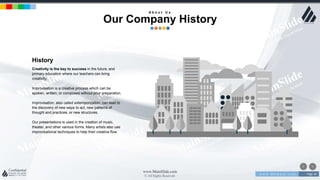 w w w . D o m a i n . c o m Page 24
www.MainSlide.com
© All Rights Reserved.
Confidential
History
Creativity is the key to success in the future, and
primary education where our teachers can bring
creativity.
Improvisation is a creative process which can be
spoken, written, or composed without prior preparation.
Improvisation, also called extemporization, can lead to
the discovery of new ways to act, new patterns of
thought and practices, or new structures.
Our presentations is used in the creation of music,
theater, and other various forms. Many artists also use
improvisational techniques to help their creative flow.
A b o u t U s
Our Company History
 