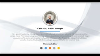 JOHN DOE, Project Manager
Here goes the welcoming message. Lorem ipsum dolor sit amet, consectetuer adipiscing elit. Maecenas porttitor
congue massa. Fusce posuere, magna sed pulvinar ultricies, purus lectus malesuada libero, sit amet commodo magna
eros quis urna. Nunc viverra imperdiet enim. Fusce est. Vivamus a tellus. Pellentesque habitant morbi tristique
senectus et netus et malesuada fames ac turpis egestas. Proin pharetra nonummy pede.
Thanks to all of You!
 