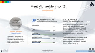 w w w . D o m a i n . c o m Page 4
www.MainSlide.com
© All Rights Reserved.
Confidential
Meet Michael Johnson 2
This is example for a subtitle
Michael Johnson
Creative Director
Lorem Ipsum is simply dummy text
of the printing and setting industry.
Lorem Ipsum has been the industry's
standard dummy text ever since the
1500s, when an unknown.
Keyboarding
60%
Filling
80%
Externship
40%
Professional Skills
Something about me that you should know
Business English
80%
Microsoft Office
40%
About Johnson
Something about me that you should know
Lorem Ipsum is simply dummy text of the
printing and setting industry. Lorem
Ipsum has been the industry's standard
dummy text ever since the 1500s, when
an unknown printer took a galley of and
scrambled it to make a specimen
Lorem Ipsum is simply dummy text of the
printing and setting industry. Lorem
Ipsum has been the industry's standard
dummy text ever since the
 