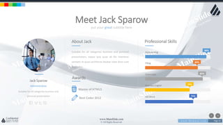 w w w . D o m a i n . c o m Page 45
www.MainSlide.com
© All Rights Reserved.
Confidential
put your great subtitle here
Meet Jack Sparow
Jack Sparow
Suitable for all categories business and
personal presentation
Administrative
Keyboarding
Filing
Externship
Business English
MS Word
Professional SkillsAbout Jack
Suitable for all categories business and personal
presentation, eaque ipsa quae ab illo inventore
veritatis et quasi architecto beatae vitae dicta sunt
explicabo.
Awards
Master of HTML5
Best Coder 2012
98%
80%
85%
70%
75%
 