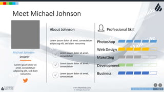 w w w . D o m a i n . c o m Page 56
www.MainSlide.com
© All Rights Reserved.
Confidential
Meet Michael Johnson
Michael Johnson
Designer
Lorem ipsum dolor sit
amet, consectetuer
adipiscing elit, sed diam
nonummy
Professional Skill
Photoshop
Web Design
Maketting
Development
Business
About Johnson
Lorem ipsum dolor sit amet, consectetuer
adipiscing elit, sed diam nonummy
Lorem ipsum dolor sit amet,
consectetuer
Lorem ipsum dolor sit amet,
consectetuer
Lorem ipsum dolor sit amet,
consectetuer
 