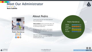 w w w . D o m a i n . c o m Page 57
www.MainSlide.com
© All Rights Reserved.
Confidential
Pedro Banderas
Administrator
Adobe
Vegas
Photosho
pCode
Design
Pedro Banderas
About Pedro
Lorem Ipsum has two main data statistical
this methodologies.
Data analysis which summarizes data. sed
an graecie prompta invenire, in gubergreno
Eu vel detraxit laboramus.
Cu nam unum liber audiam, sed an graeci
prompta invenire, in gubergren percipitur
scribentur nam.
Sale omnis indoctum has ei, ne sed ludus
tamquam urbanitas. Vis id illud iusto, id
omnium percipitur duo.
Meet Our Administrator
Basic Subtitle
 